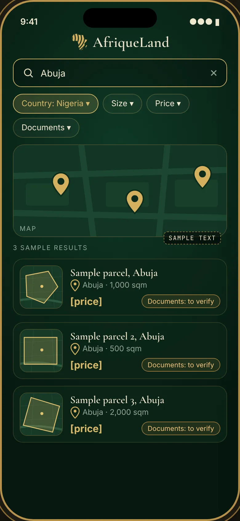Search results for Abuja with filters and three sample parcels