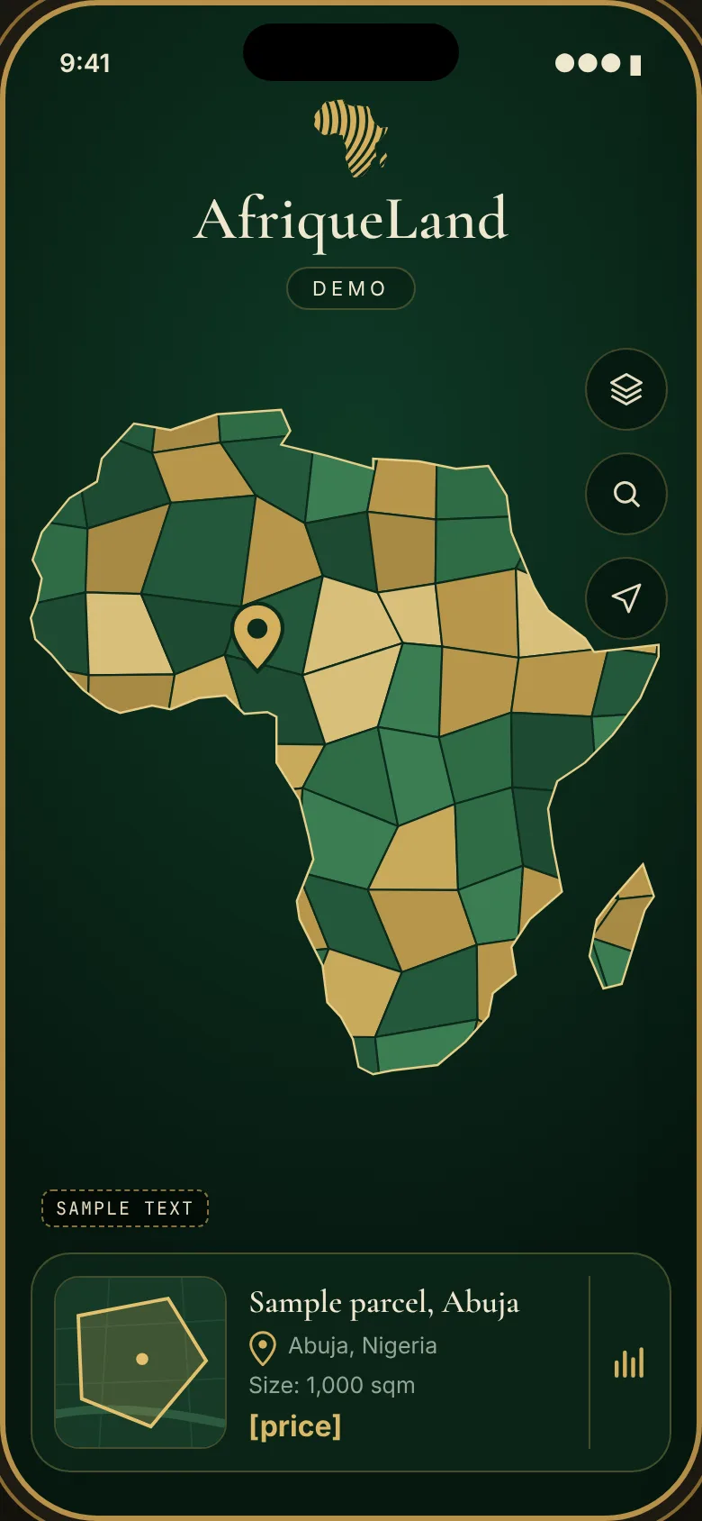 AfriqueLand app design draft showing an Africa map and a sample Abuja parcel card
